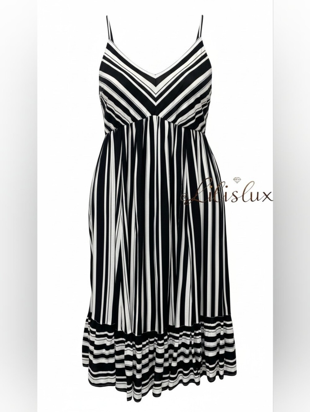 Torrid Size 2 Black And White Stripe Spaghetti Strap Dress Challis Ruffle Midi - Picture 2 of 10